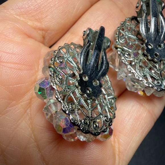 Vintage Aurora Borealis AB Crystal Rhinestone Filigree Clip-On Earrings - Picture 8 of 13